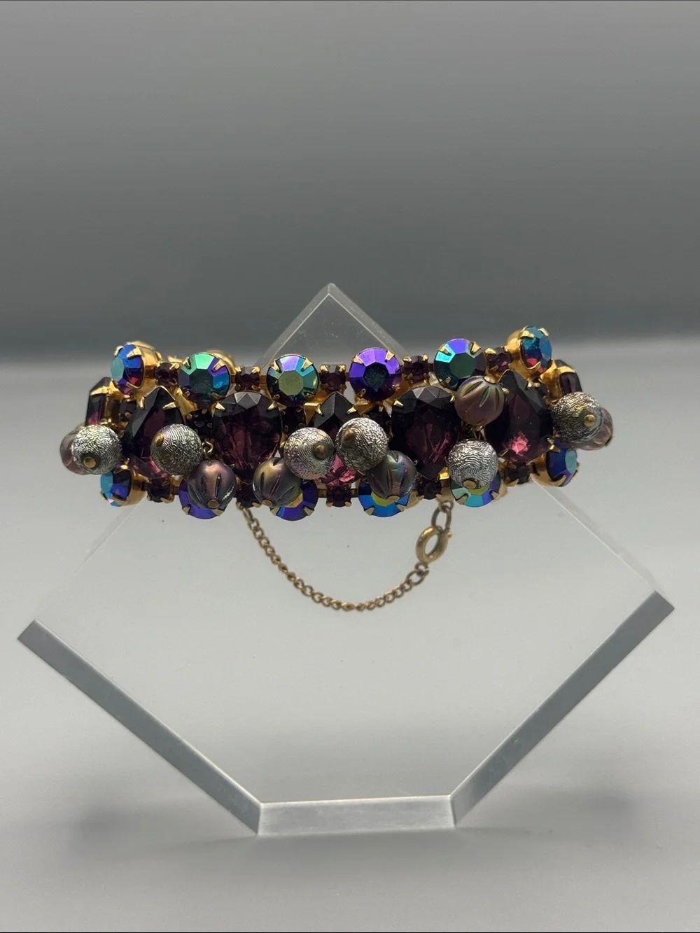 Vintage Purple Crystal Bar Brooch with Aurora Borealis Accents